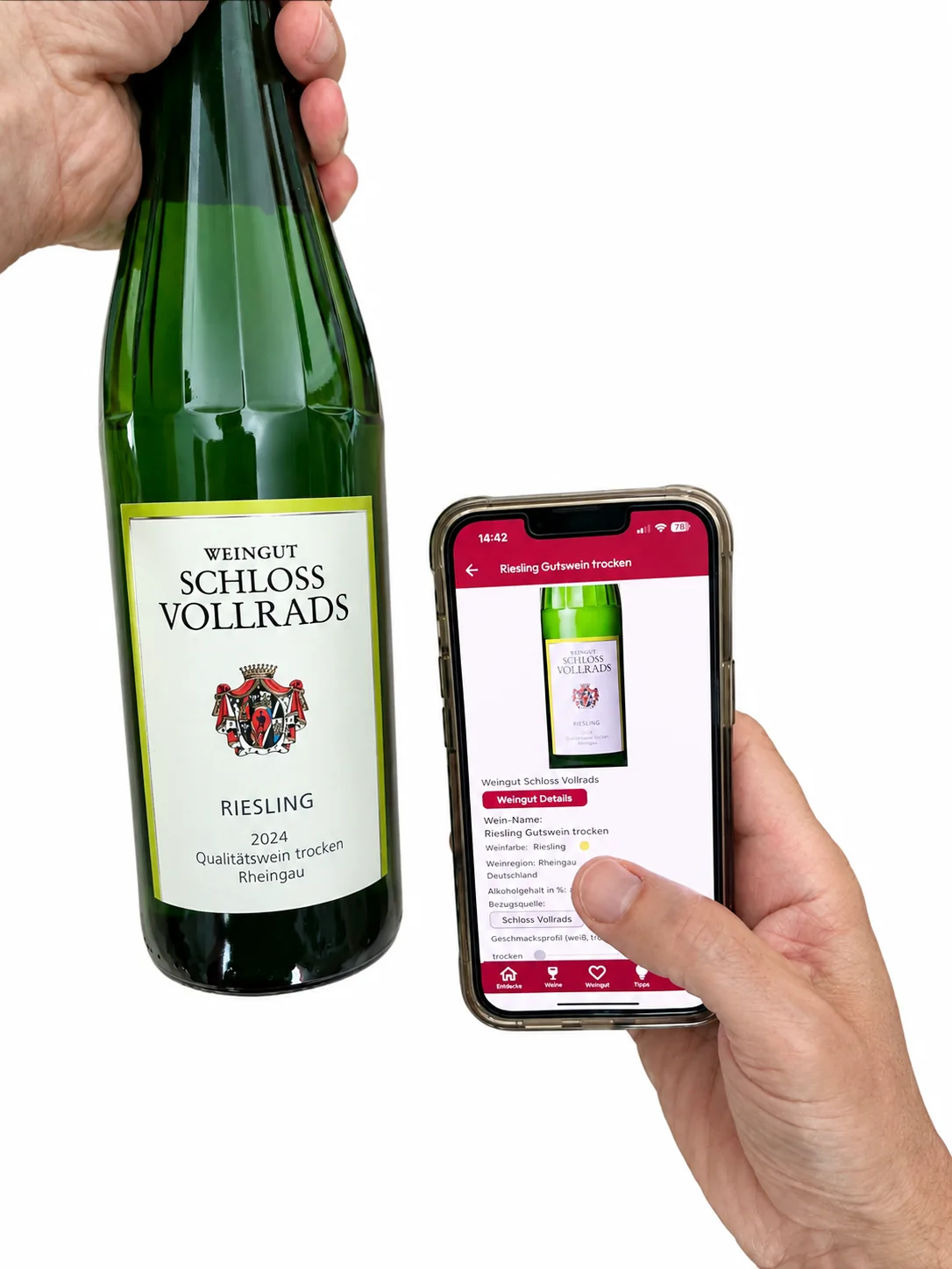 Weinflasche und Smartphone mit Weinerkennung.