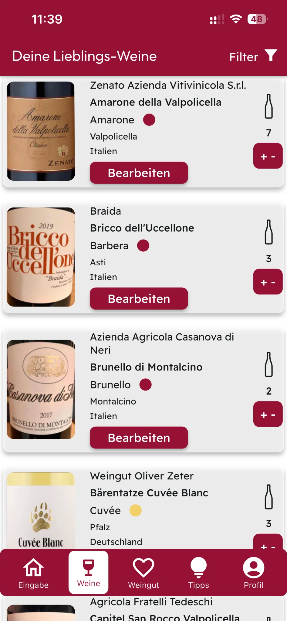 Screenshot: Liste der Lieblings-Weine mit Flaschenanzahl