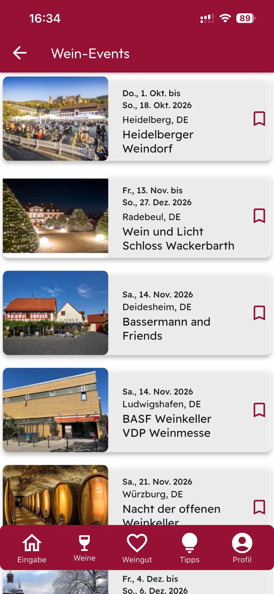 Screenshot der Wein-Event-Liste.
