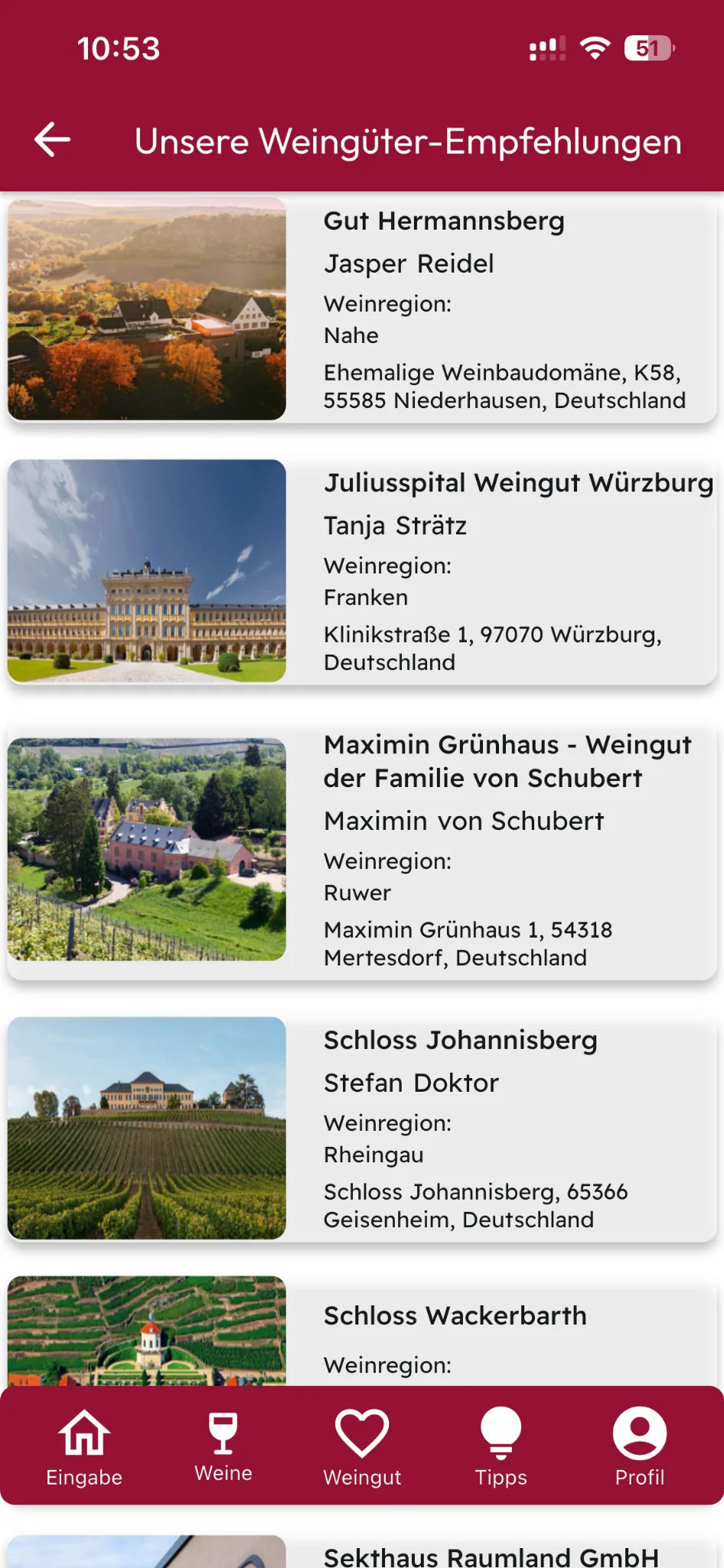App-Screenshot: Unsere Weingüter-Empfehlungen